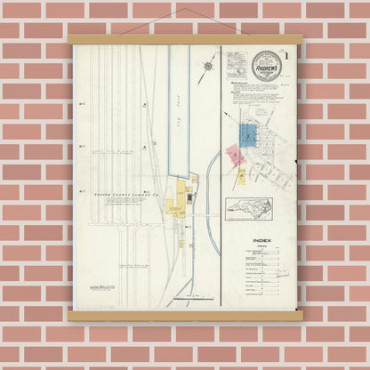 Old map wall art mockup — magnetic wood frame on brick wall — Sanborn Fire Insurance Map from Andrews, Cherokee County, North Carolina (1916), Sheet #0001
