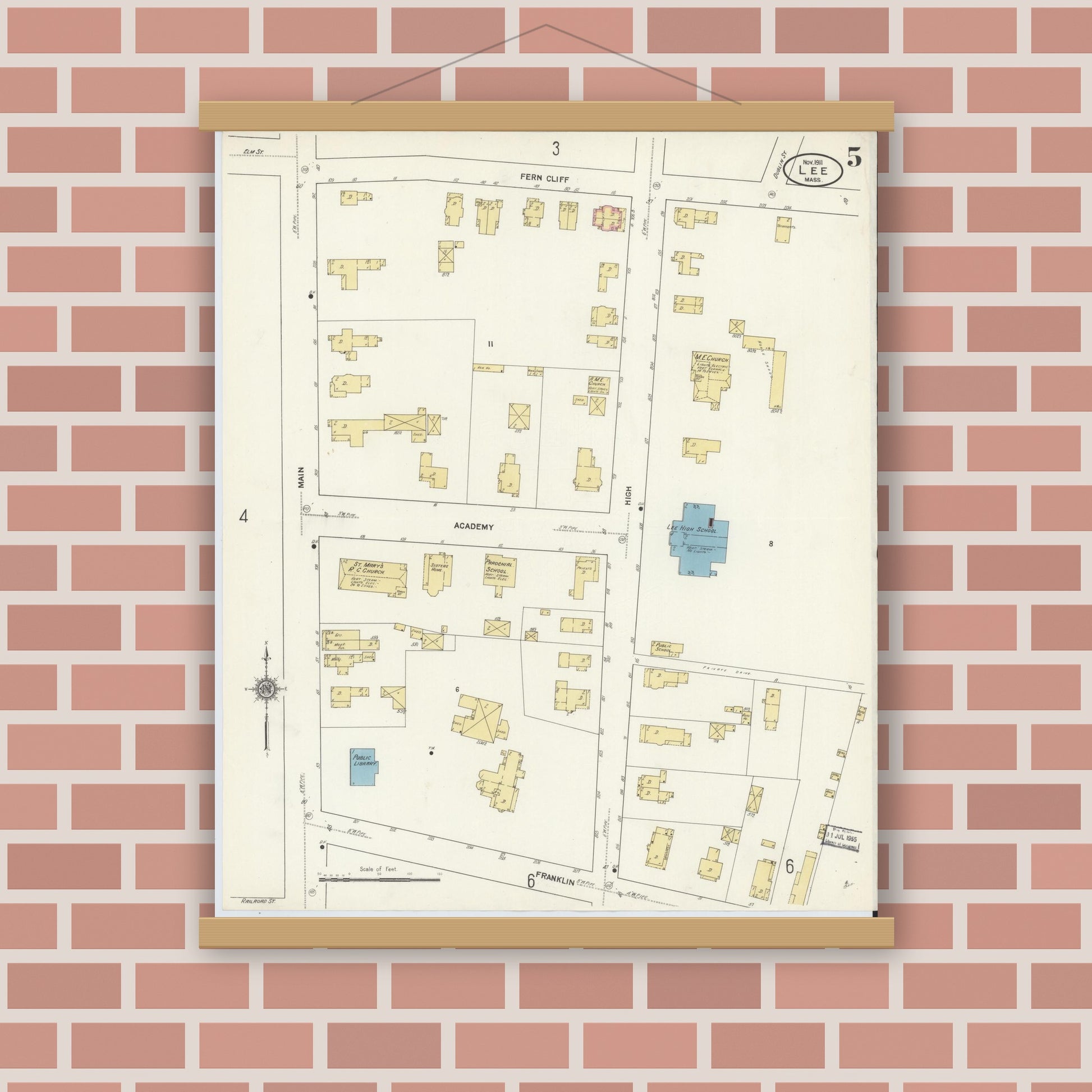 Old map wall art mockup — magnetic wood frame on brick wall — Sanborn Fire Insurance Map from Lee, Berkshire County, Massachusetts (1911), Sheet #0005