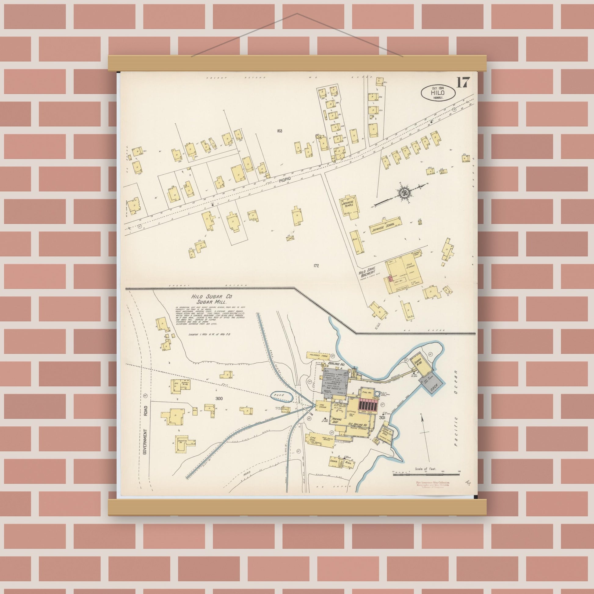 Old map wall art mockup — magnetic wood frame on brick wall — Sanborn Fire Insurance Map from Hilo, Hawaii County, Hawaii (1914), Sheet #0017