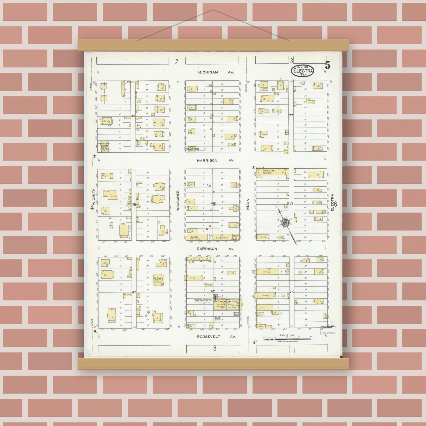 Old map wall art mockup — magnetic wood frame on brick wall — Sanborn Fire Insurance Map from Electra, Wichita County, Texas (1919), Sheet #0005