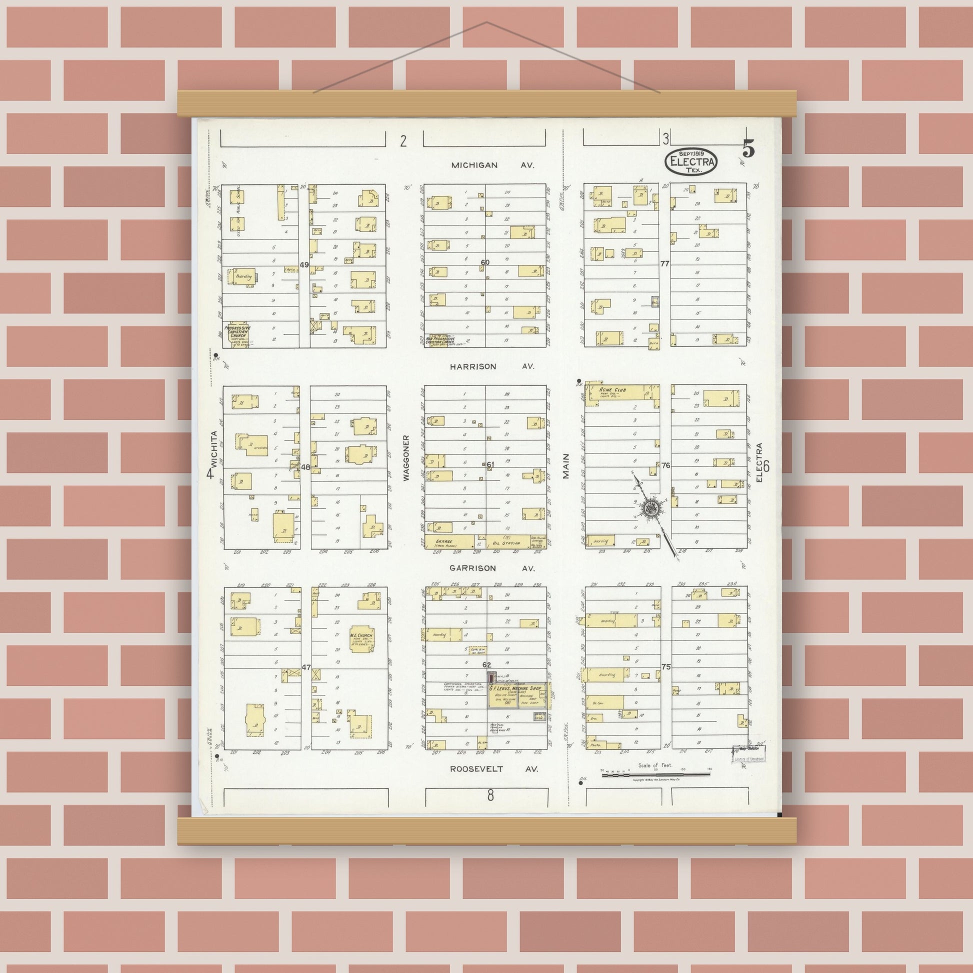 Old map wall art mockup — magnetic wood frame on brick wall — Sanborn Fire Insurance Map from Electra, Wichita County, Texas (1919), Sheet #0005