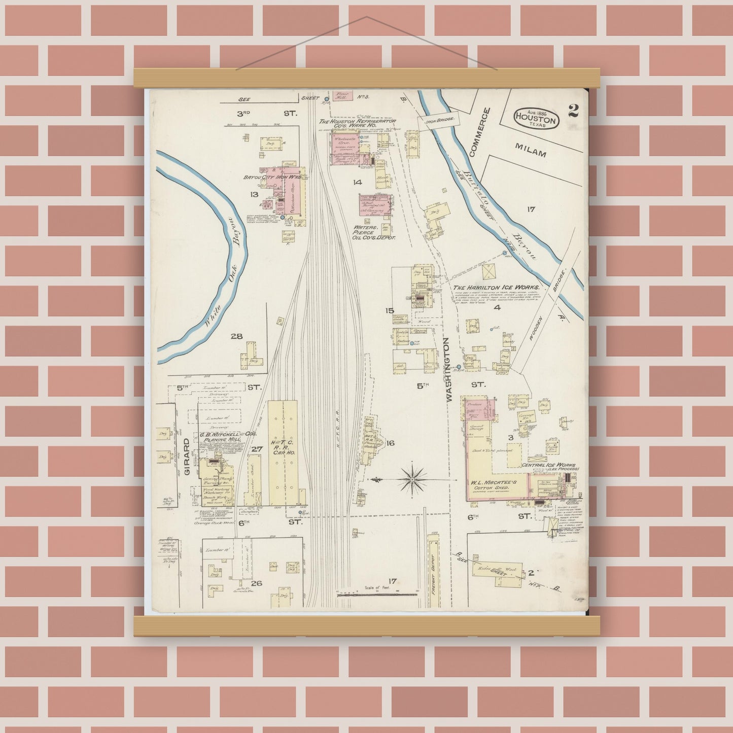 Old map wall art mockup — magnetic wood frame on brick wall — Sanborn Fire Insurance Map from Houston, Harris County, Texas (1885), Sheet #0002