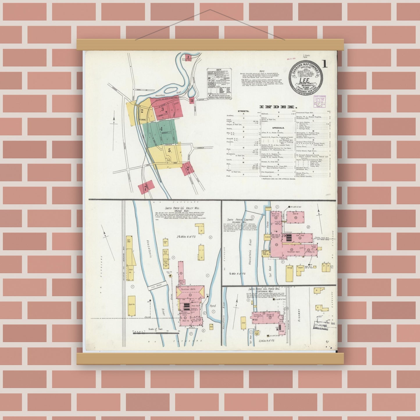 Old map wall art mockup — magnetic wood frame on brick wall — Sanborn Fire Insurance Map from Lee, Berkshire County, Massachusetts (1905), Sheet #0001