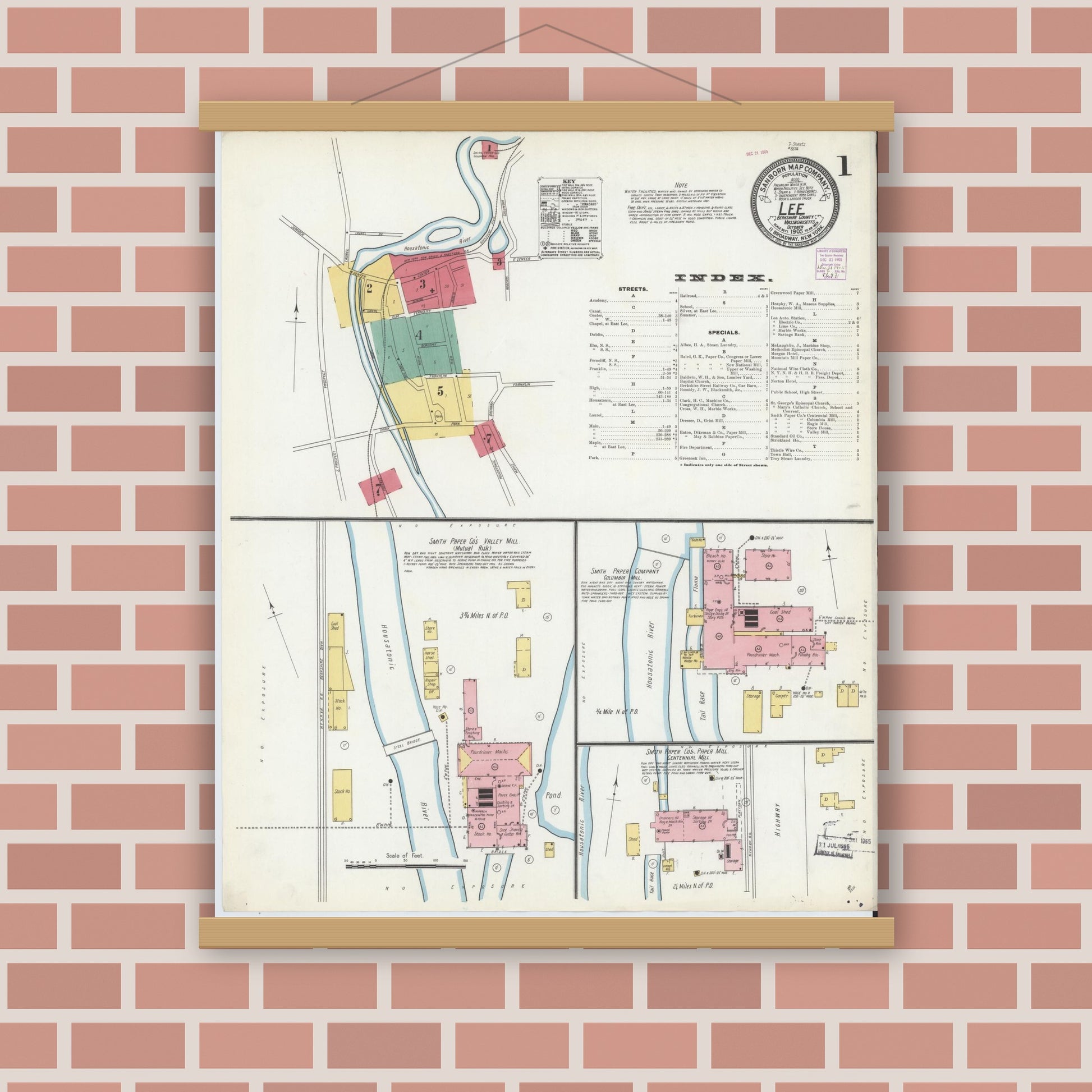 Old map wall art mockup — magnetic wood frame on brick wall — Sanborn Fire Insurance Map from Lee, Berkshire County, Massachusetts (1905), Sheet #0001