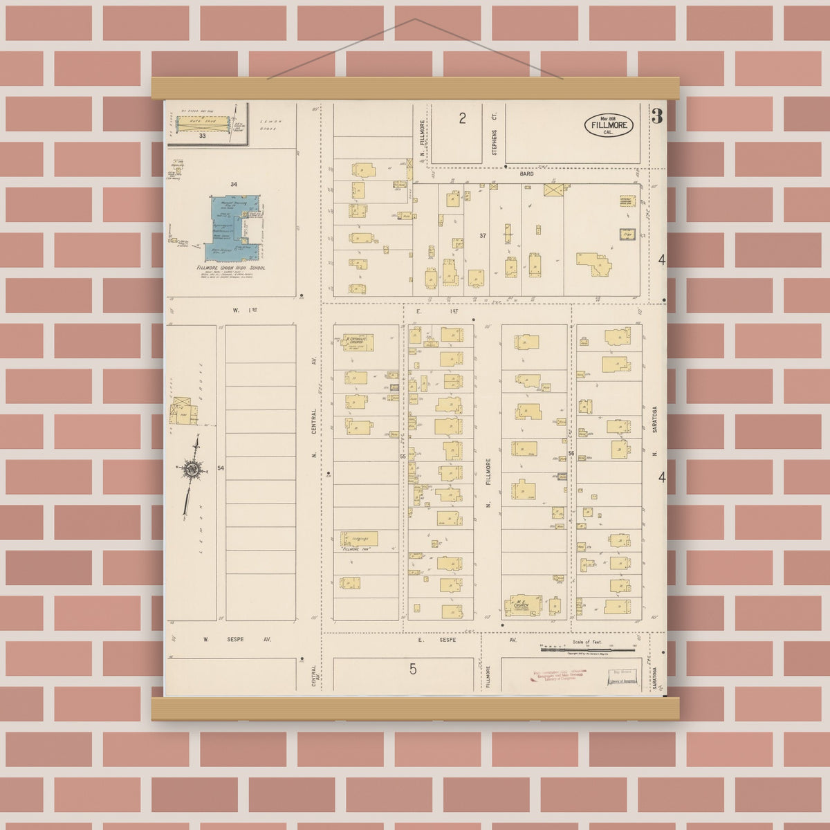Old map wall art mockup — magnetic wood frame on brick wall — Sanborn Fire Insurance Map from Fillmore, Ventura County, California (1918), Sheet #0003