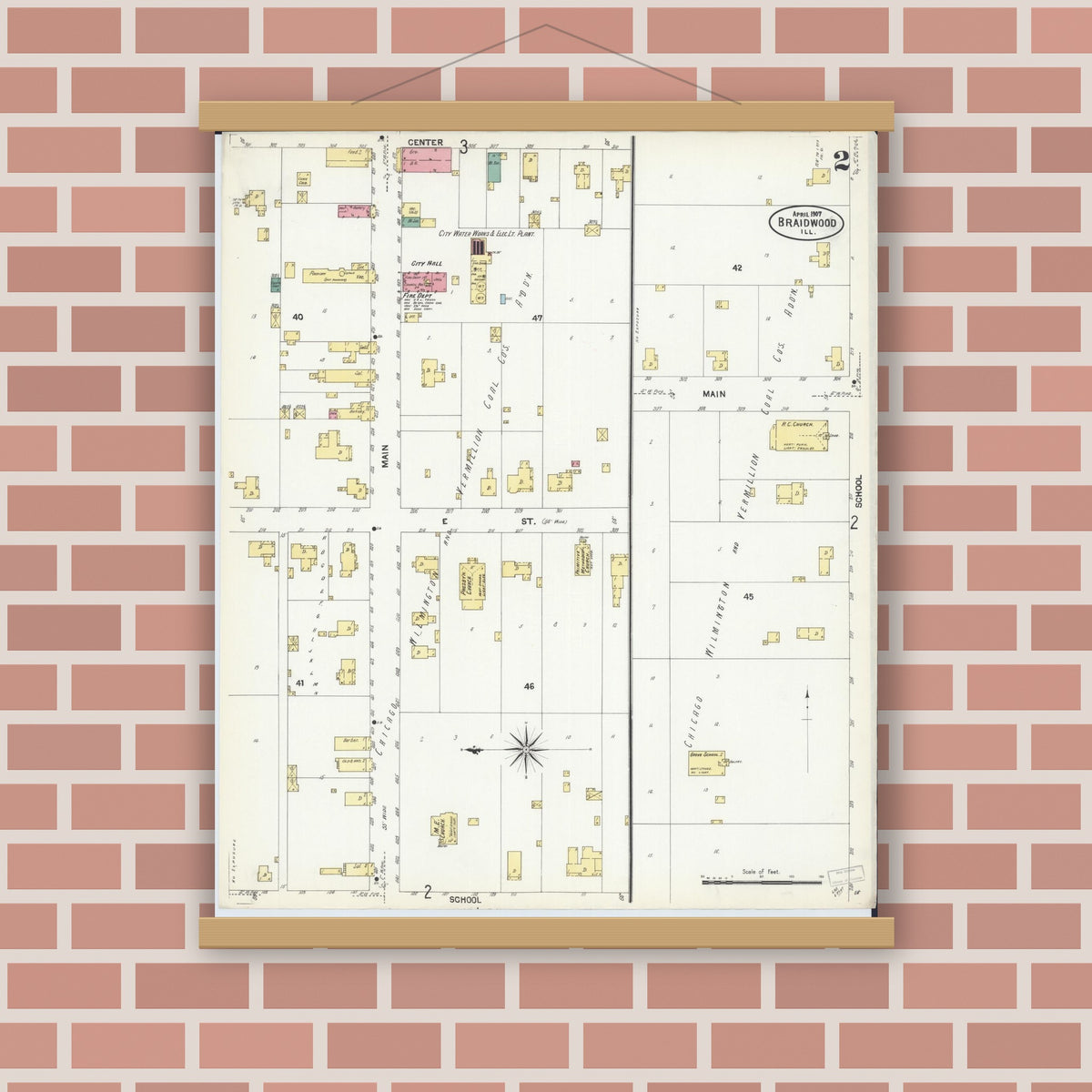 Old map wall art mockup — magnetic wood frame on brick wall — Sanborn Fire Insurance Map from Braidwood, Will County, Illinois (1907), Sheet #0002