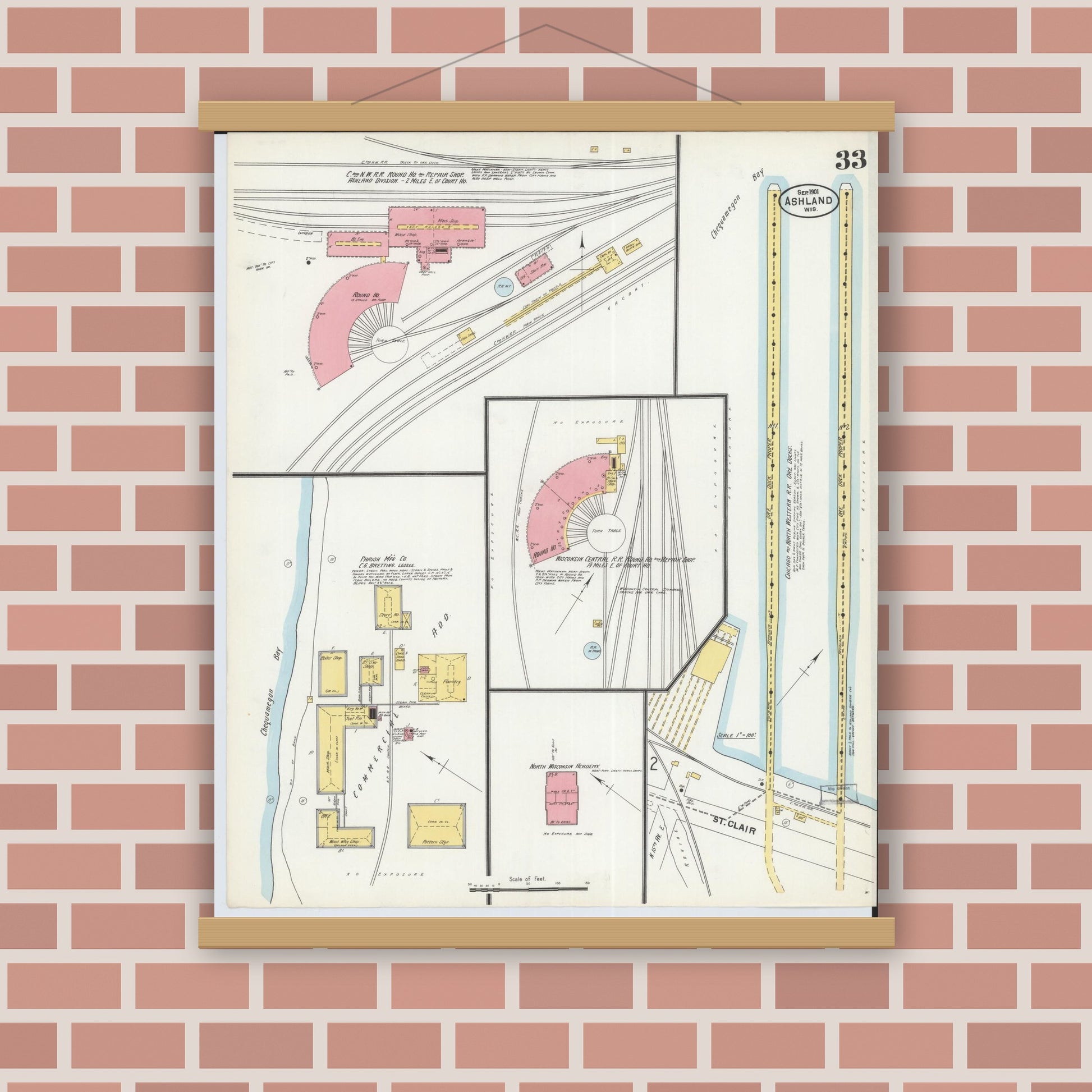 Old map wall art mockup — magnetic wood frame on brick wall — Sanborn Fire Insurance Map from Ashland, Ashland County, Wisconsin (1901), Sheet #0033