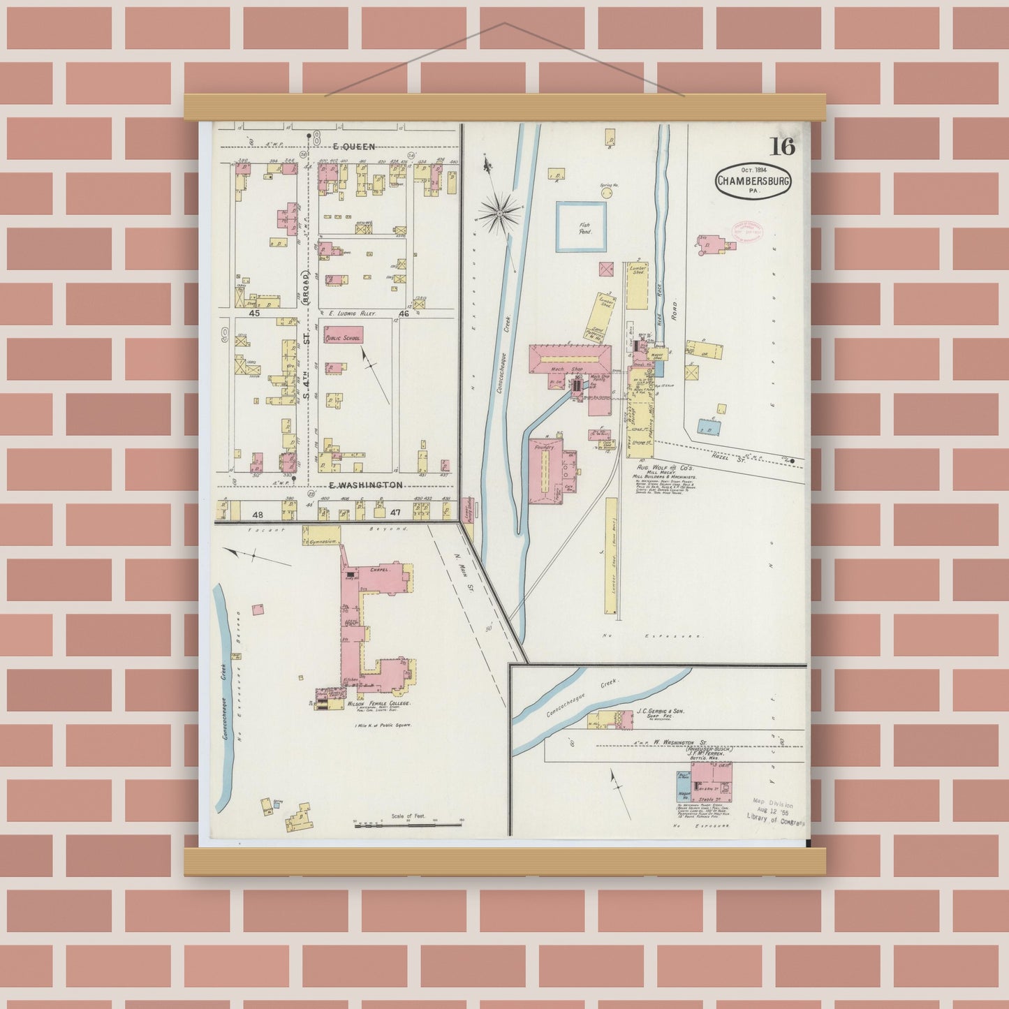 Old map wall art mockup — magnetic wood frame on brick wall — Sanborn Fire Insurance Map from Chambersburg, Franklin County, Pennsylvania (1894), Sheet #0016