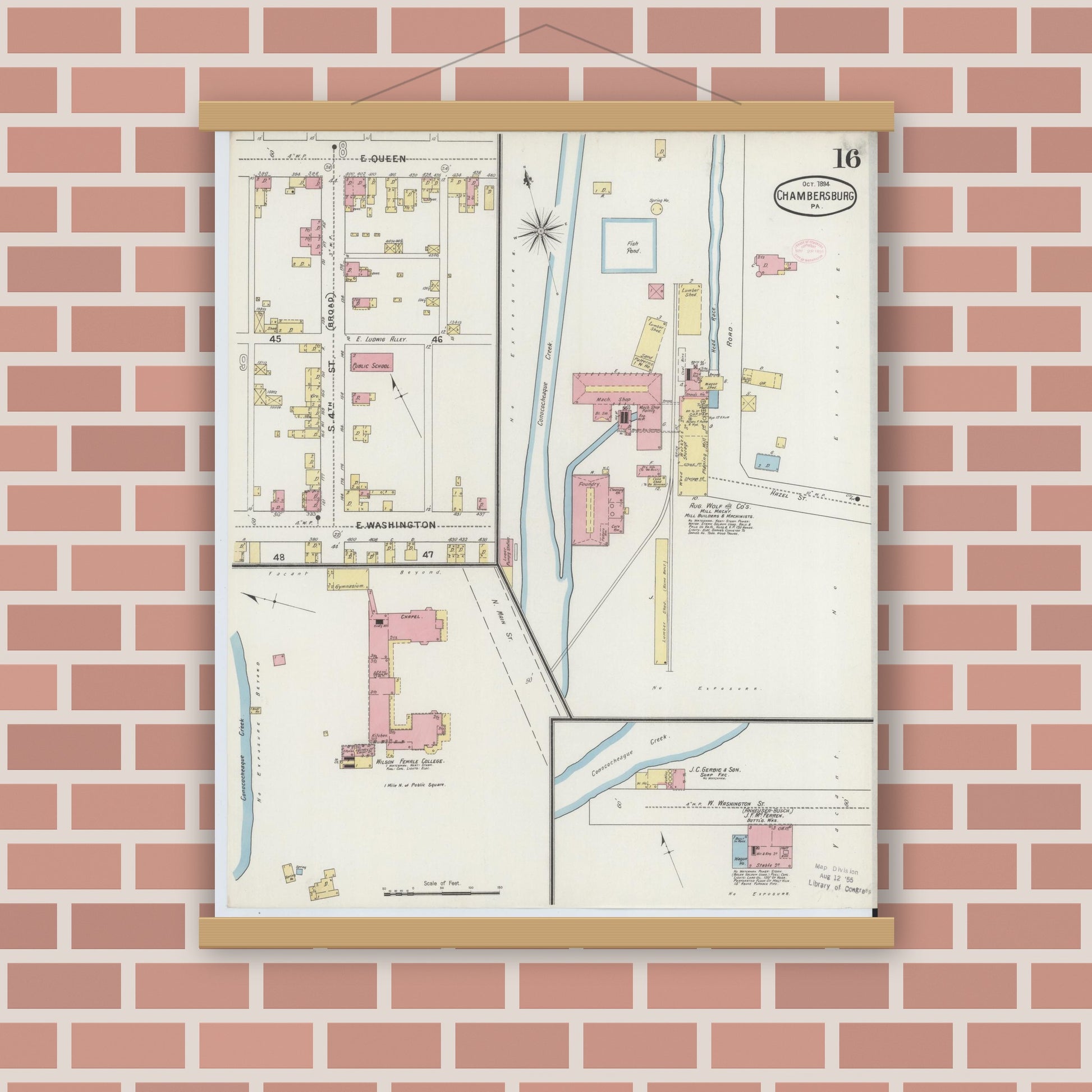 Old map wall art mockup — magnetic wood frame on brick wall — Sanborn Fire Insurance Map from Chambersburg, Franklin County, Pennsylvania (1894), Sheet #0016
