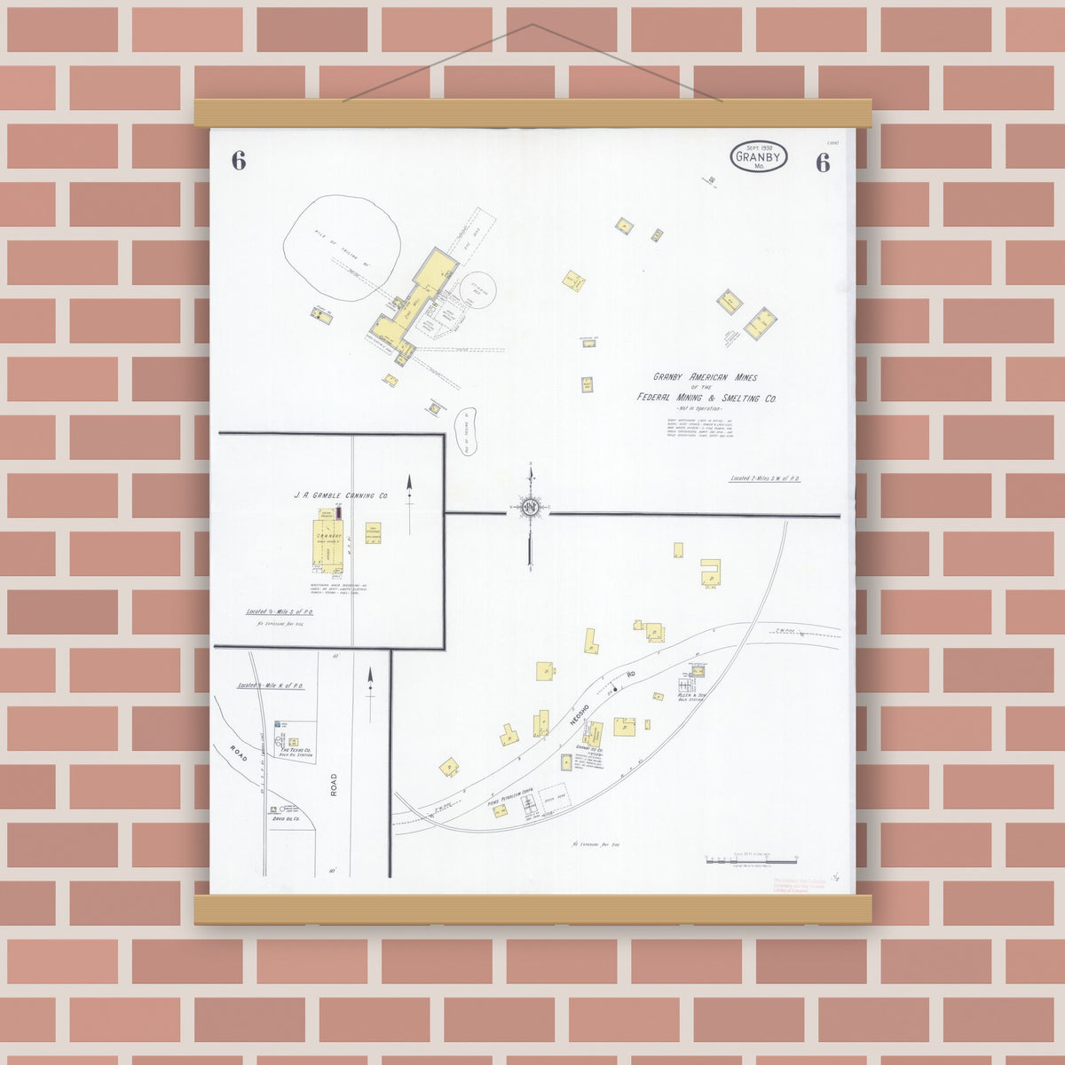 Old map wall art mockup — magnetic wood frame on brick wall — Sanborn Fire Insurance Map from Granby, Newton County, Missouri (1930), Sheet #0006
