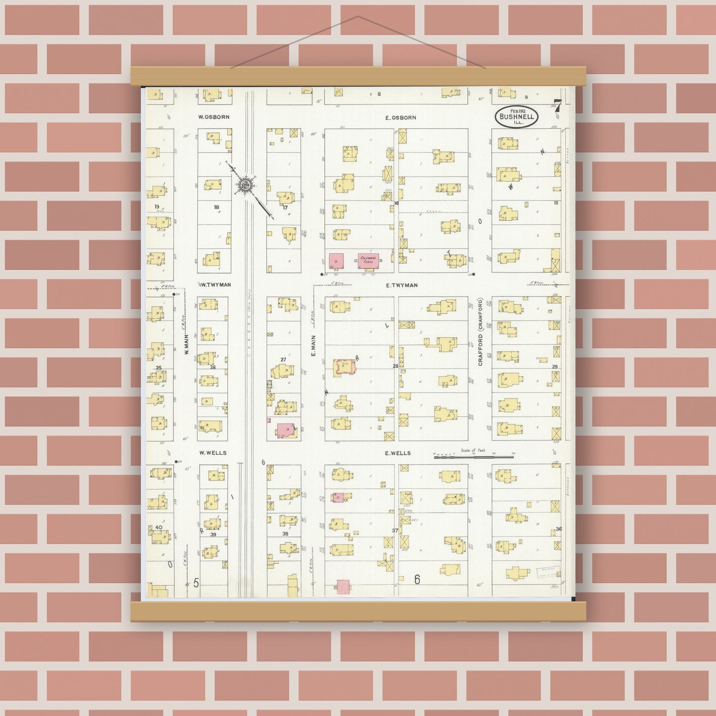 Old map wall art mockup — magnetic wood frame on brick wall — Sanborn Fire Insurance Map from Bushnell, Mcdonough County, Illinois (1912), Sheet #0007