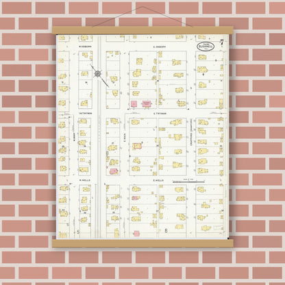 Old map wall art mockup — magnetic wood frame on brick wall — Sanborn Fire Insurance Map from Bushnell, Mcdonough County, Illinois (1912), Sheet #0007