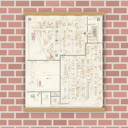 Old map wall art mockup — magnetic wood frame on brick wall — Sanborn Fire Insurance Map from Webster City, Hamilton County, Iowa (1950), Sheet #0013