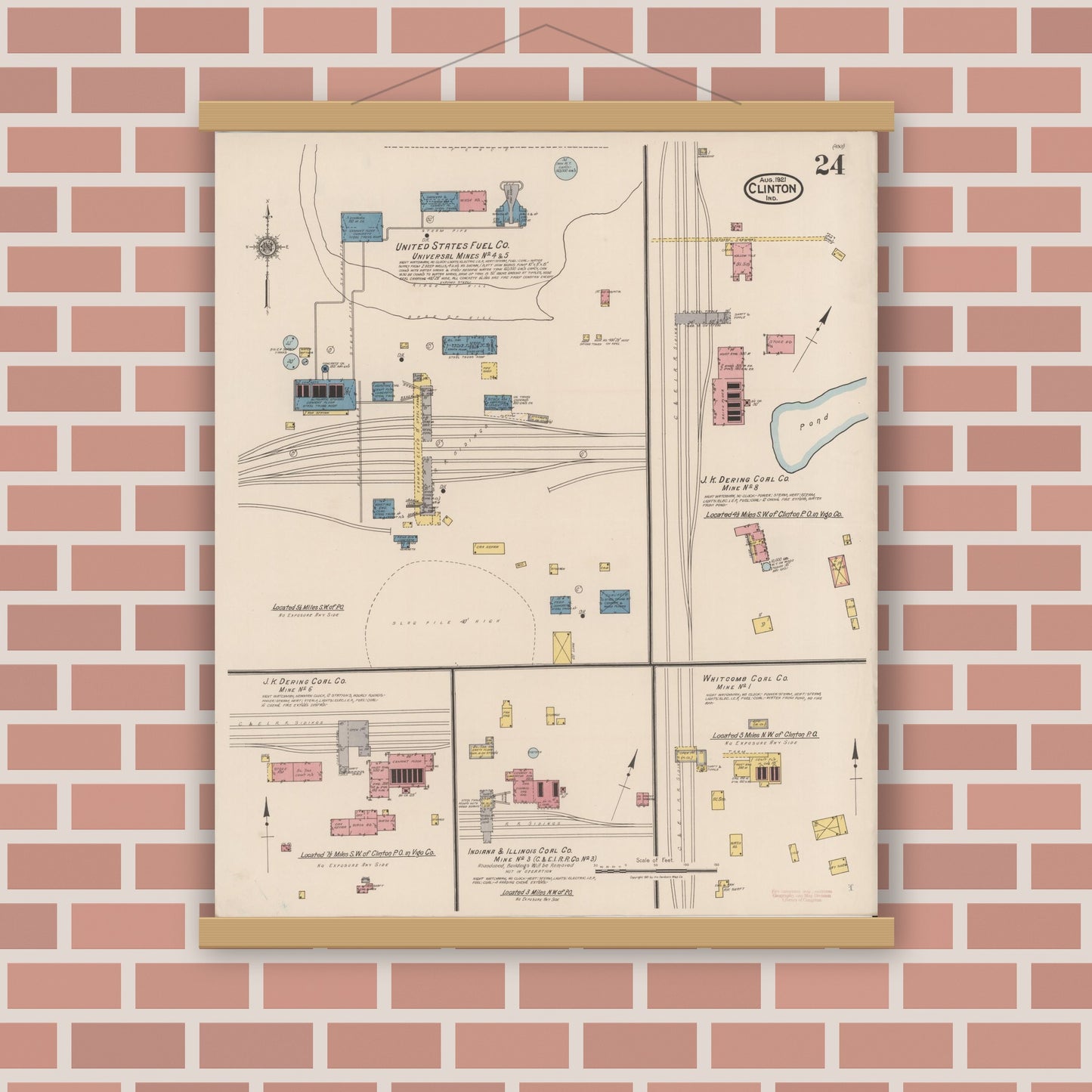 Old map wall art mockup — magnetic wood frame on brick wall — Sanborn Fire Insurance Map from Clinton, Vermillion County, Indiana (1921), Sheet #0024