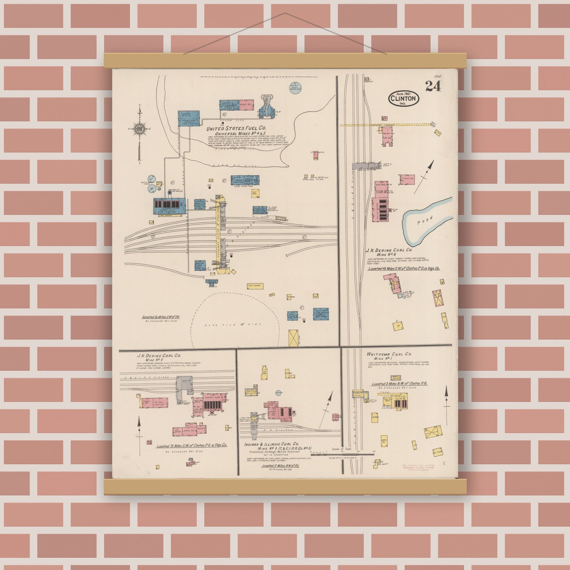 Old map wall art mockup — magnetic wood frame on brick wall — Sanborn Fire Insurance Map from Clinton, Vermillion County, Indiana (1921), Sheet #0024
