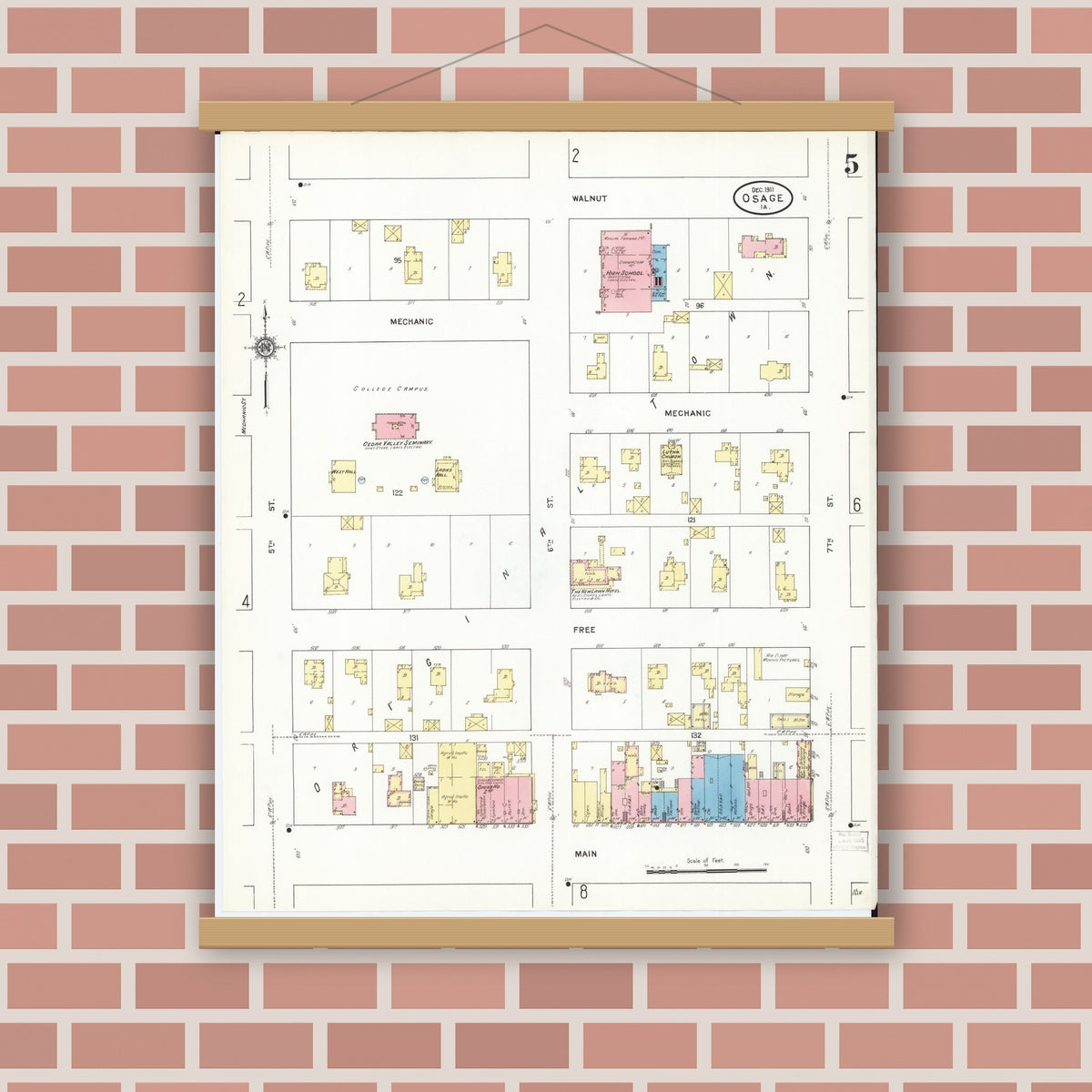 Old map wall art mockup — magnetic wood frame on brick wall — Sanborn Fire Insurance Map from Osage, Mitchell County, Iowa (1911), Sheet #0005