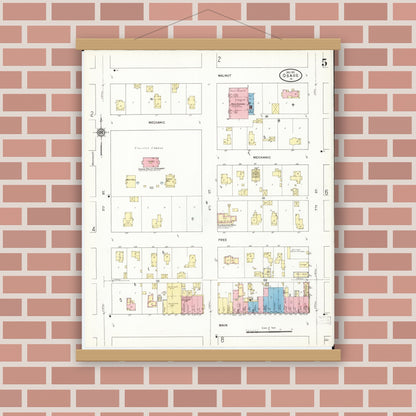 Old map wall art mockup — magnetic wood frame on brick wall — Sanborn Fire Insurance Map from Osage, Mitchell County, Iowa (1911), Sheet #0005