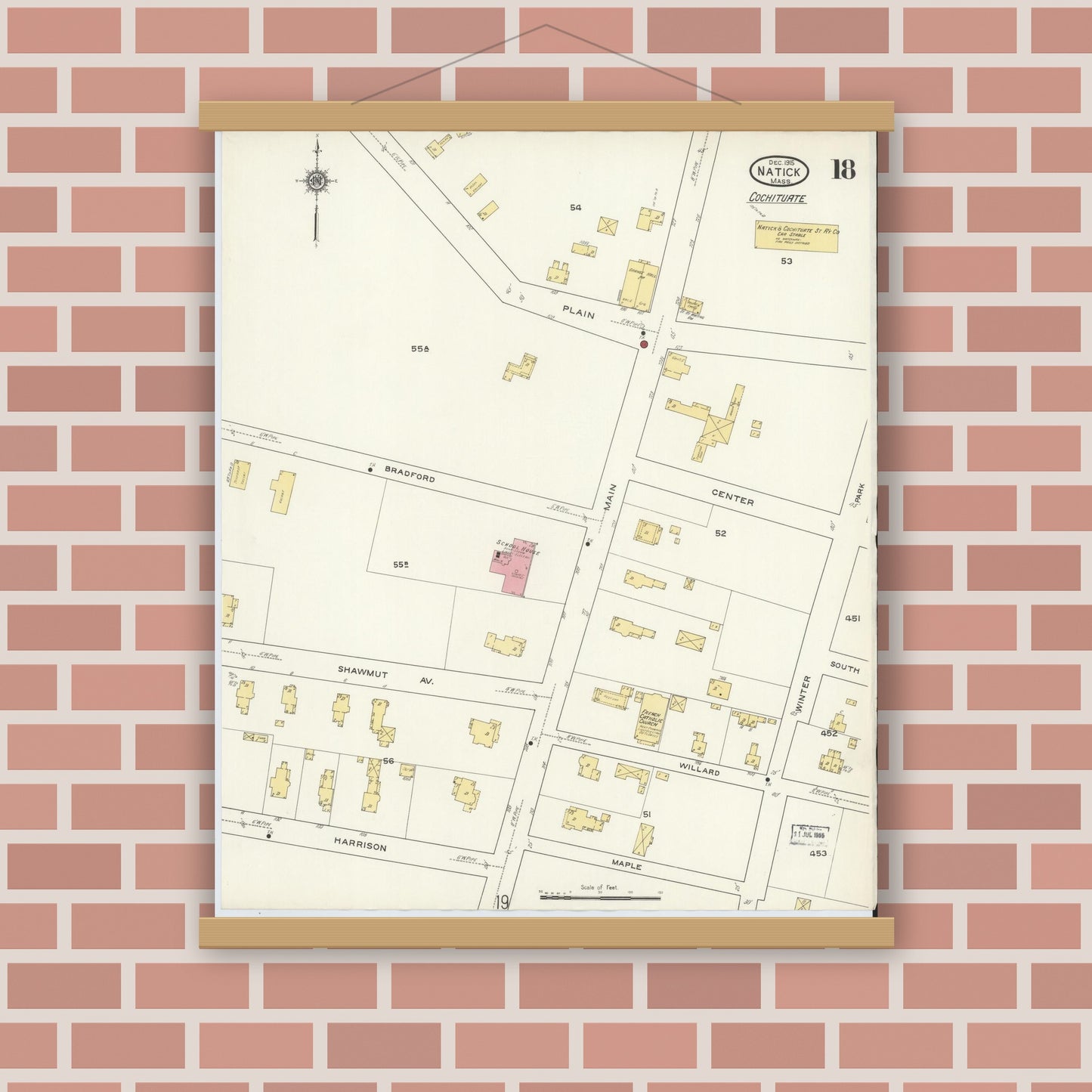 Old map wall art mockup — magnetic wood frame on brick wall — Sanborn Fire Insurance Map from Natick, Middlesex County, Massachusetts (1915), Sheet #0018