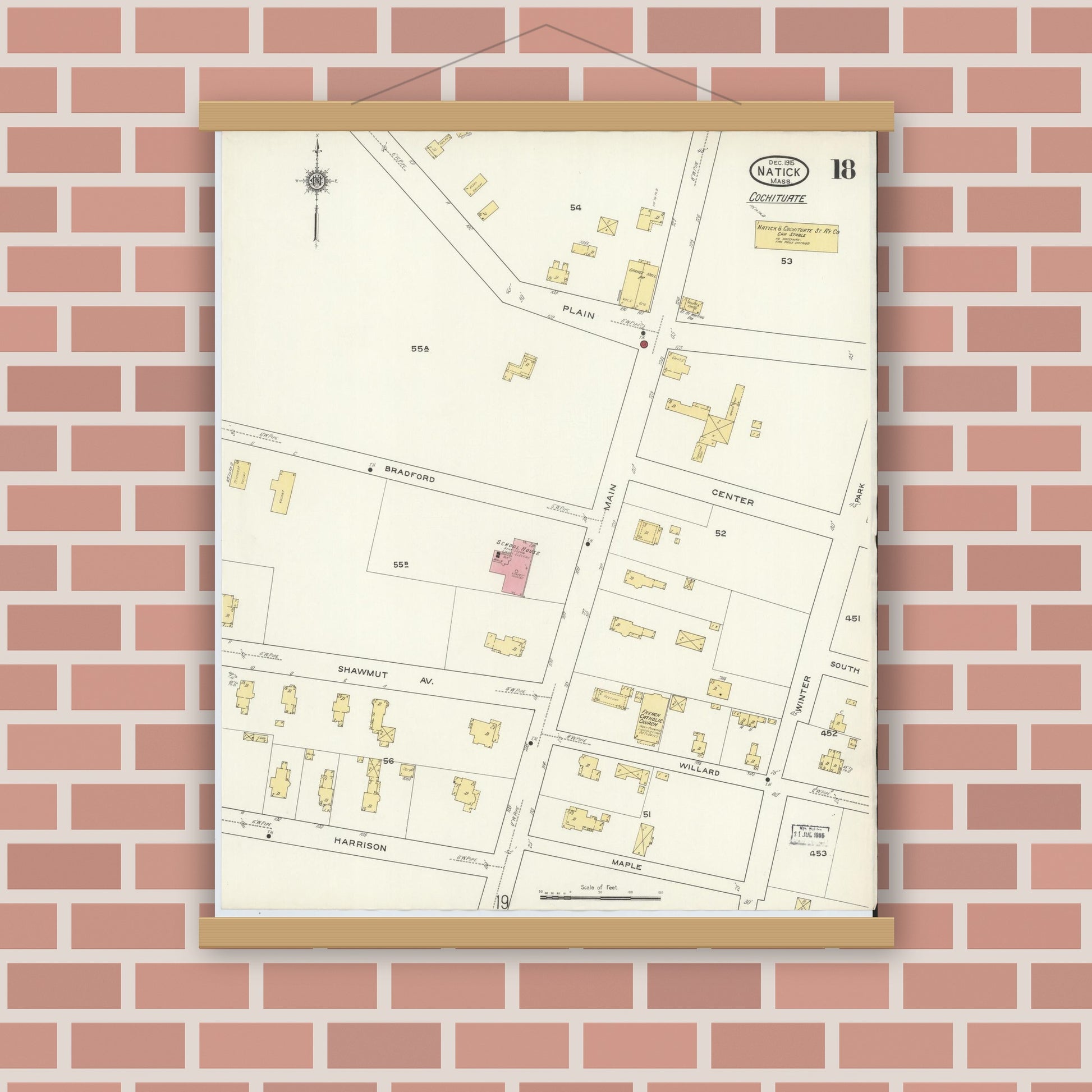 Old map wall art mockup — magnetic wood frame on brick wall — Sanborn Fire Insurance Map from Natick, Middlesex County, Massachusetts (1915), Sheet #0018