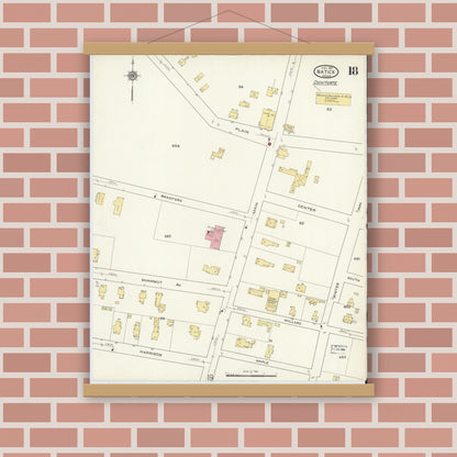 Old map wall art mockup — magnetic wood frame on brick wall — Sanborn Fire Insurance Map from Natick, Middlesex County, Massachusetts (1915), Sheet #0018