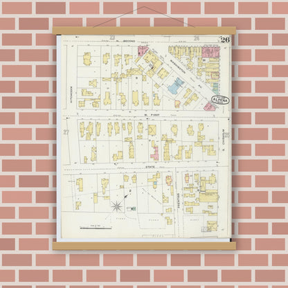 Old map wall art mockup — magnetic wood frame on brick wall — Sanborn Fire Insurance Map from Alpena, Alpena County, Michigan (1895), Sheet #0026