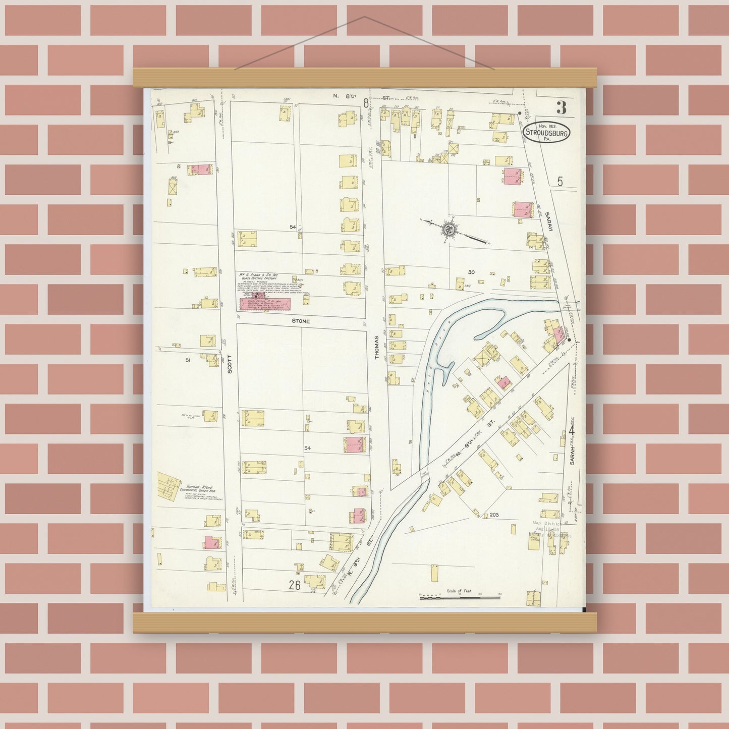 Old map wall art mockup — magnetic wood frame on brick wall — Sanborn Fire Insurance Map from Stroudsburg, Monroe County, Pennsylvania (1912), Sheet #0003