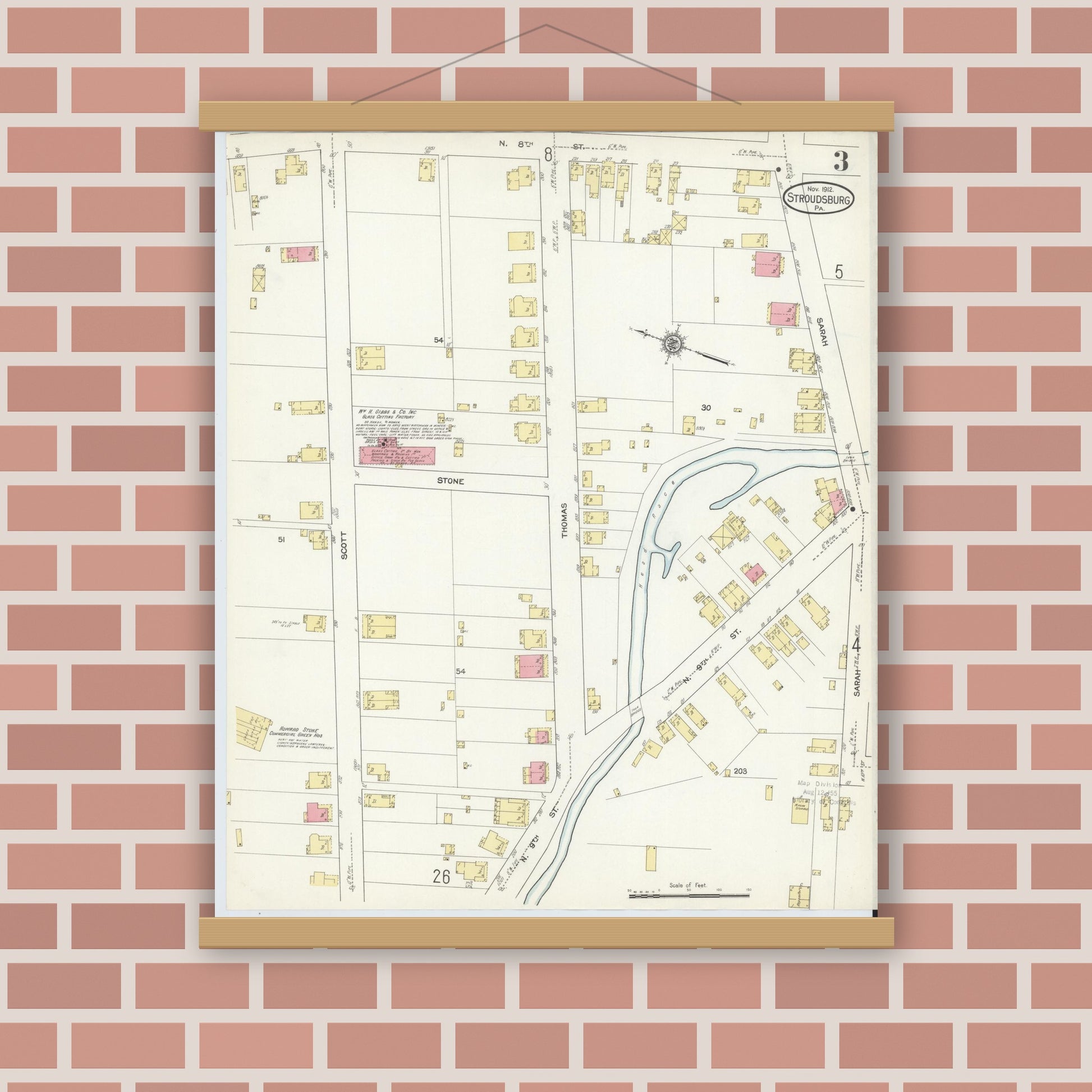 Old map wall art mockup — magnetic wood frame on brick wall — Sanborn Fire Insurance Map from Stroudsburg, Monroe County, Pennsylvania (1912), Sheet #0003