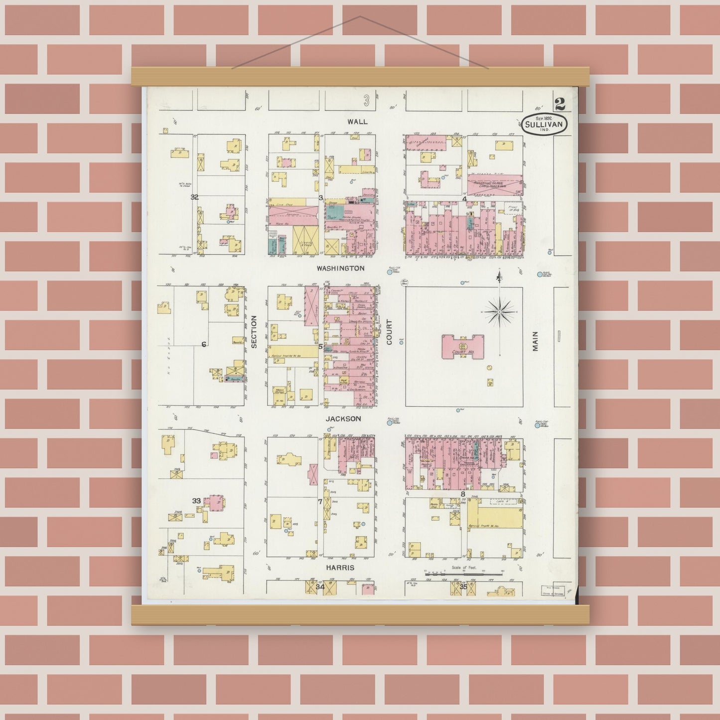 Old map wall art mockup — magnetic wood frame on brick wall — Sanborn Fire Insurance Map from Sullivan, Sullivan County, Indiana (1892), Sheet #0002