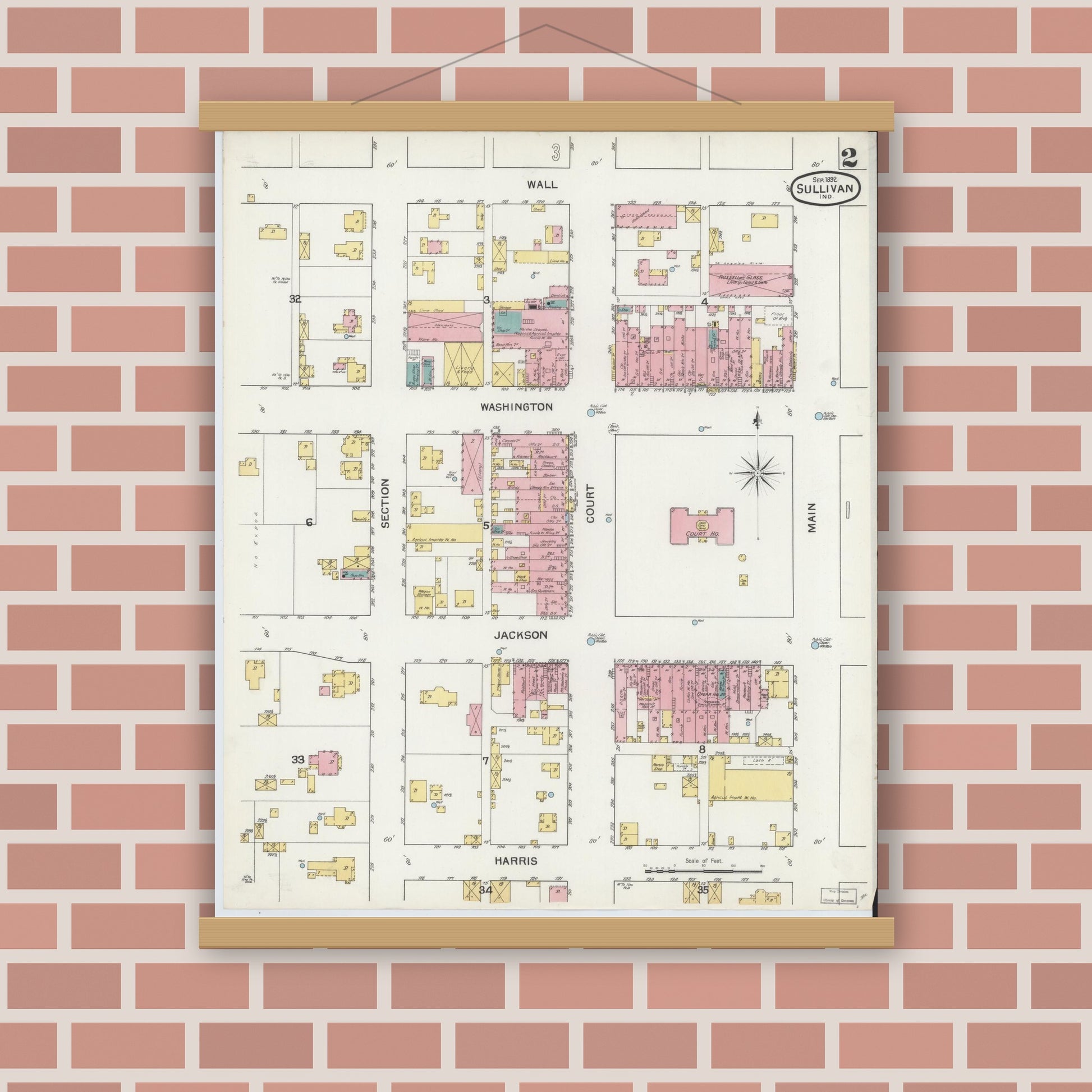 Old map wall art mockup — magnetic wood frame on brick wall — Sanborn Fire Insurance Map from Sullivan, Sullivan County, Indiana (1892), Sheet #0002