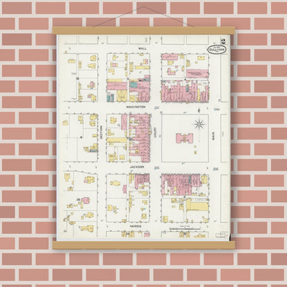 Old map wall art mockup — magnetic wood frame on brick wall — Sanborn Fire Insurance Map from Sullivan, Sullivan County, Indiana (1892), Sheet #0002