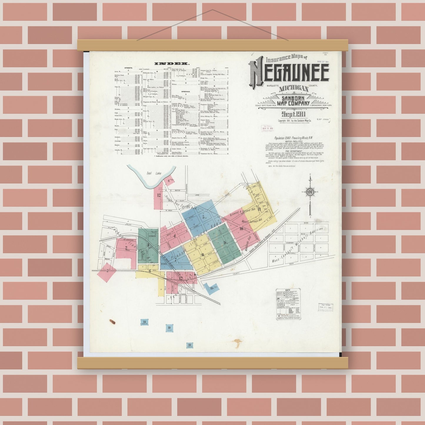 Old map wall art mockup — magnetic wood frame on brick wall — Sanborn Fire Insurance Map from Negaunee, Marquette County, Michigan (1911) - Complete Map Set