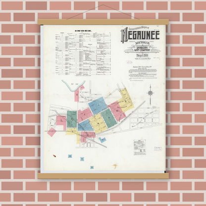 Old map wall art mockup — magnetic wood frame on brick wall — Sanborn Fire Insurance Map from Negaunee, Marquette County, Michigan (1911) - Complete Map Set