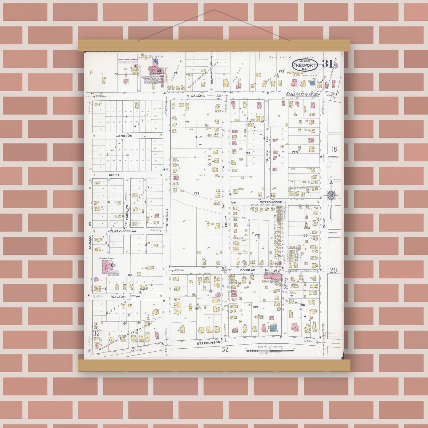 Old map wall art mockup — magnetic wood frame on brick wall — Sanborn Fire Insurance Map from Freeport, Stephenson County, Illinois (1918), Sheet #0031