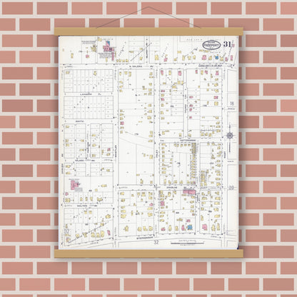 Old map wall art mockup — magnetic wood frame on brick wall — Sanborn Fire Insurance Map from Freeport, Stephenson County, Illinois (1918), Sheet #0031