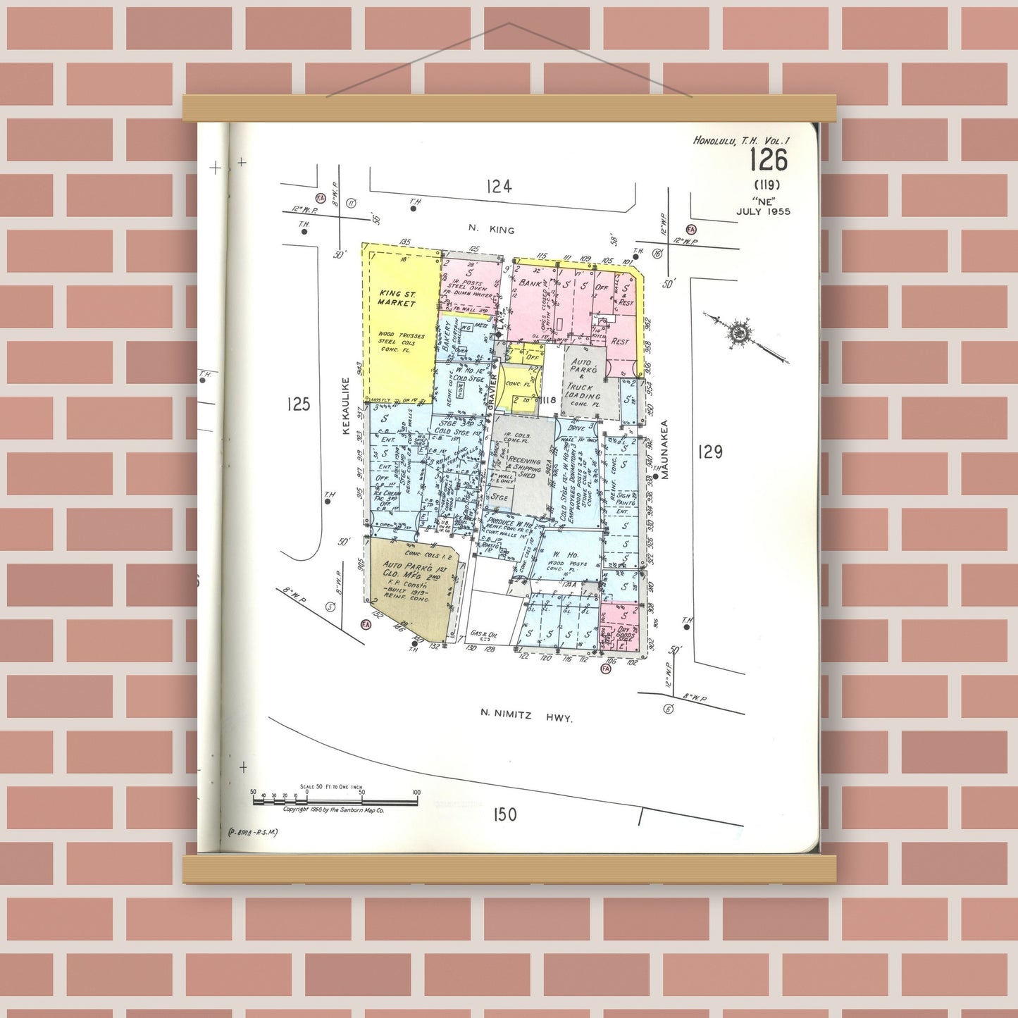 Old map wall art mockup — magnetic wood frame on brick wall — Sanborn Fire Insurance Map from Honolulu, Oahu County, Hawaii (1955), Sheet #0126
