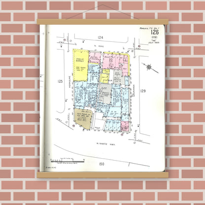 Old map wall art mockup — magnetic wood frame on brick wall — Sanborn Fire Insurance Map from Honolulu, Oahu County, Hawaii (1955), Sheet #0126