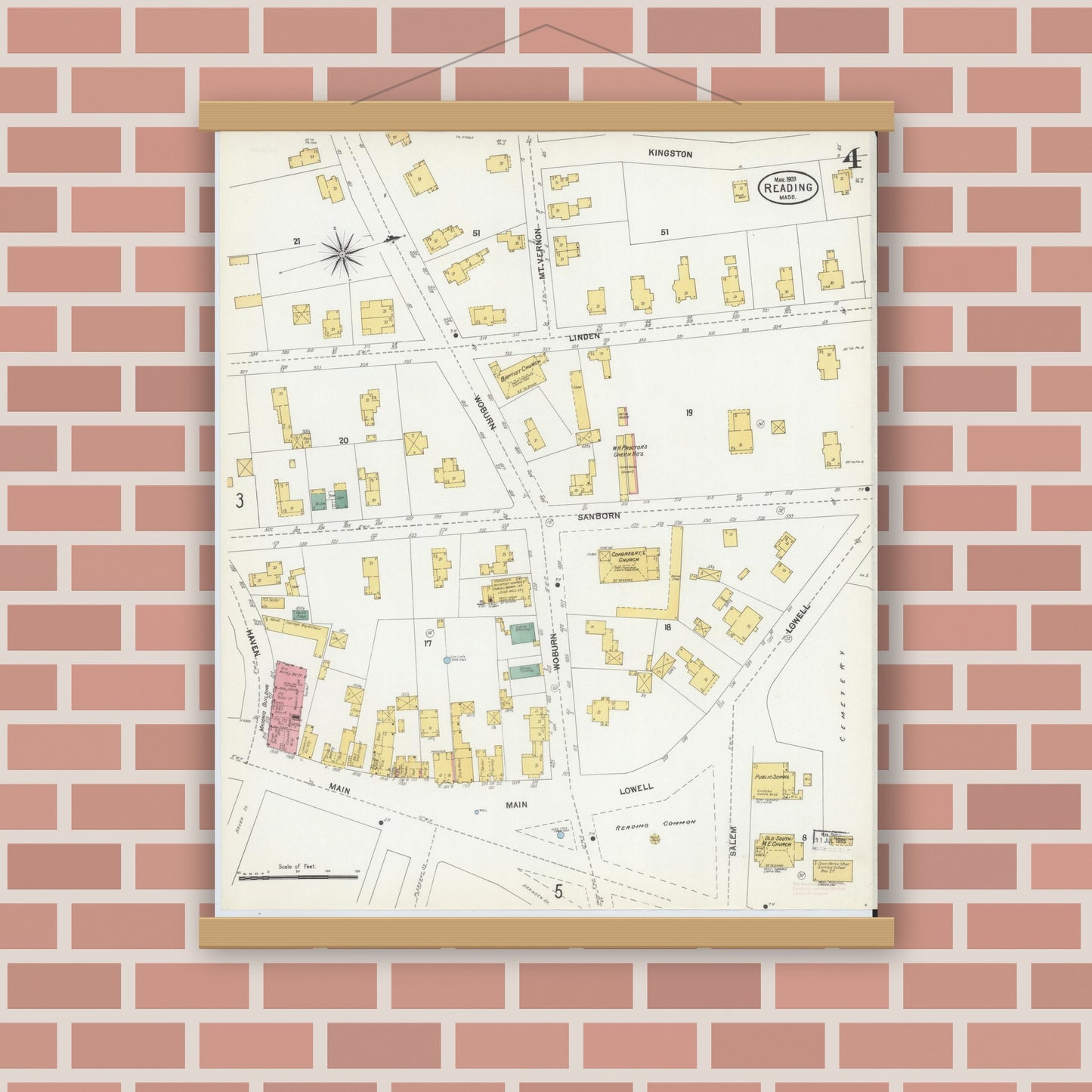 Old map wall art mockup — magnetic wood frame on brick wall — Sanborn Fire Insurance Map from Reading, Middlesex County, Massachusetts (1903), Sheet #0004