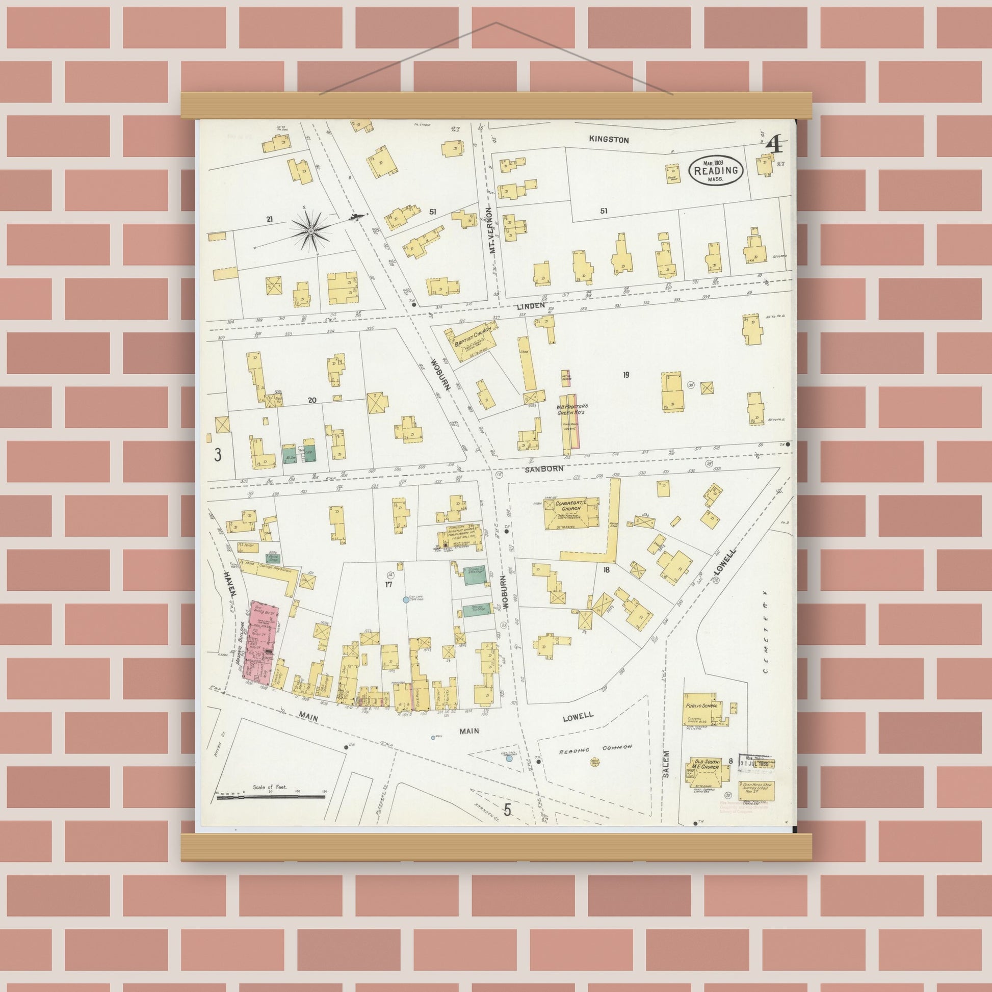 Old map wall art mockup — magnetic wood frame on brick wall — Sanborn Fire Insurance Map from Reading, Middlesex County, Massachusetts (1903), Sheet #0004