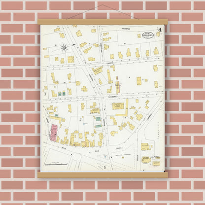 Old map wall art mockup — magnetic wood frame on brick wall — Sanborn Fire Insurance Map from Reading, Middlesex County, Massachusetts (1903), Sheet #0004