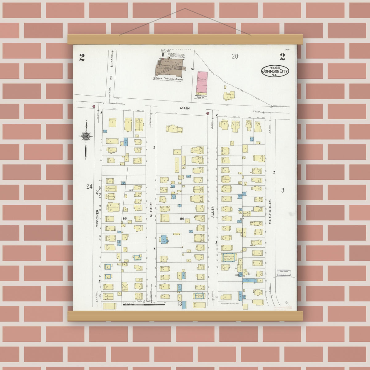 Old map wall art mockup — magnetic wood frame on brick wall — Sanborn Fire Insurance Map from Johnson City, Broome County, New York (1925) - Complete Map Set
