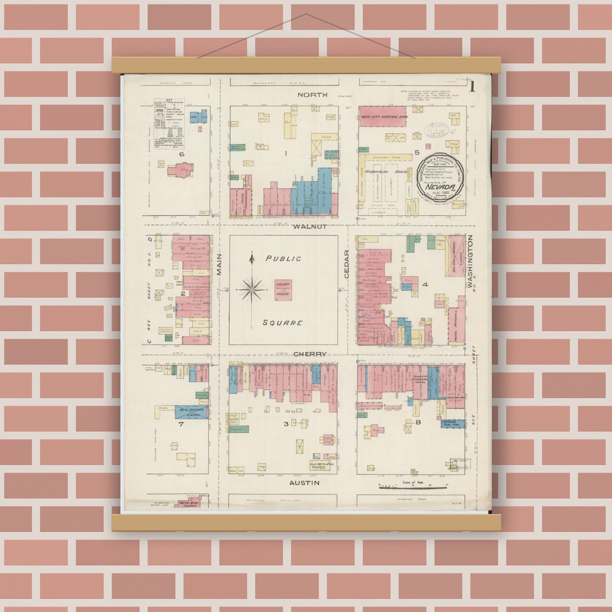 Old map wall art mockup — magnetic wood frame on brick wall — Sanborn Fire Insurance Map from Nevada, Vernon County, Missouri (1885), Sheet #0001