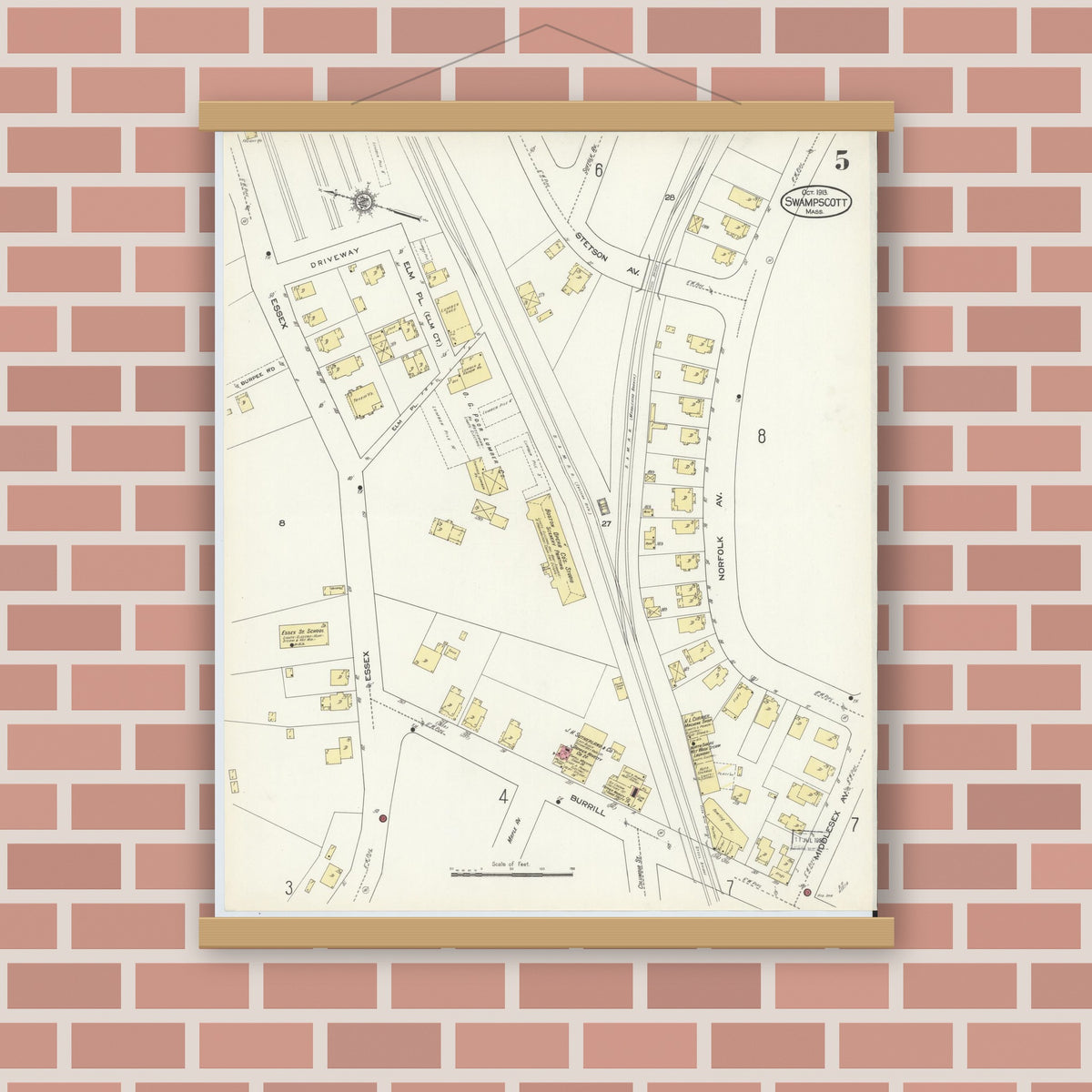 Old map wall art mockup — magnetic wood frame on brick wall — Sanborn Fire Insurance Map from Swampscott, Essex County, Massachusetts (1913), Sheet #0005