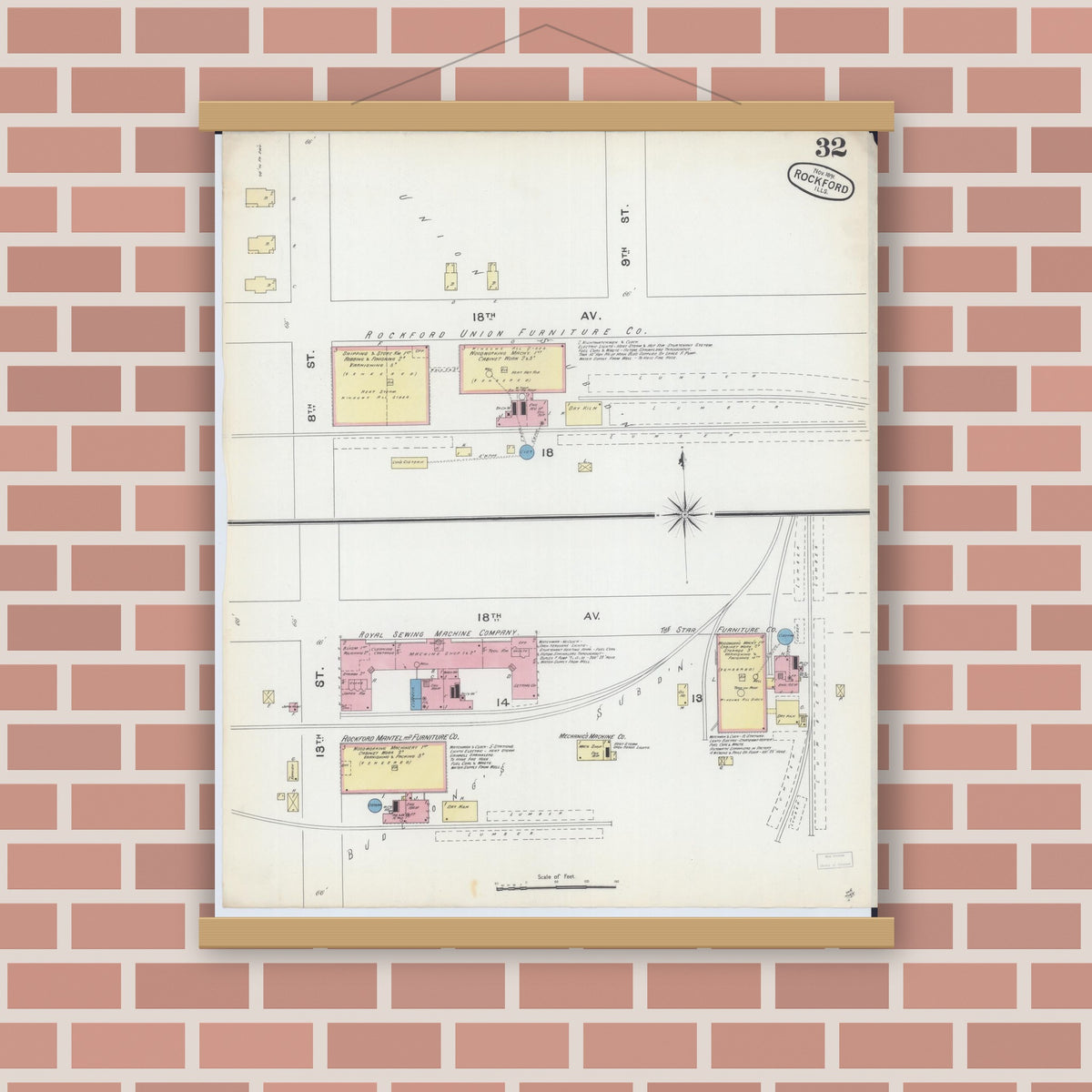 Old map wall art mockup — magnetic wood frame on brick wall — Sanborn Fire Insurance Map from Rockford, Winnebago County, Illinois (1891), Sheet #0032