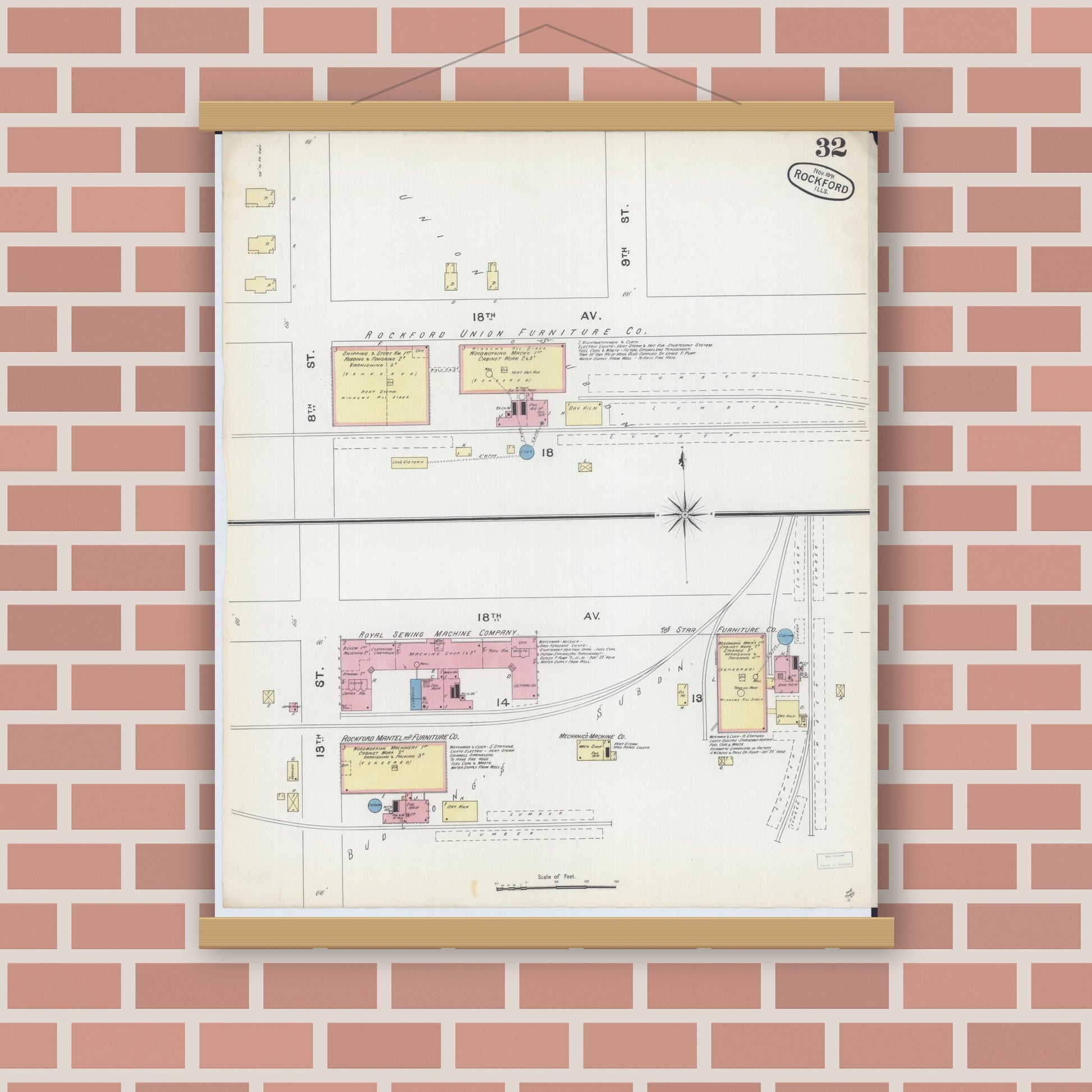 Old map wall art mockup — magnetic wood frame on brick wall — Sanborn Fire Insurance Map from Rockford, Winnebago County, Illinois (1891), Sheet #0032