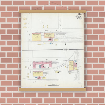 Old map wall art mockup — magnetic wood frame on brick wall — Sanborn Fire Insurance Map from Rockford, Winnebago County, Illinois (1891), Sheet #0032