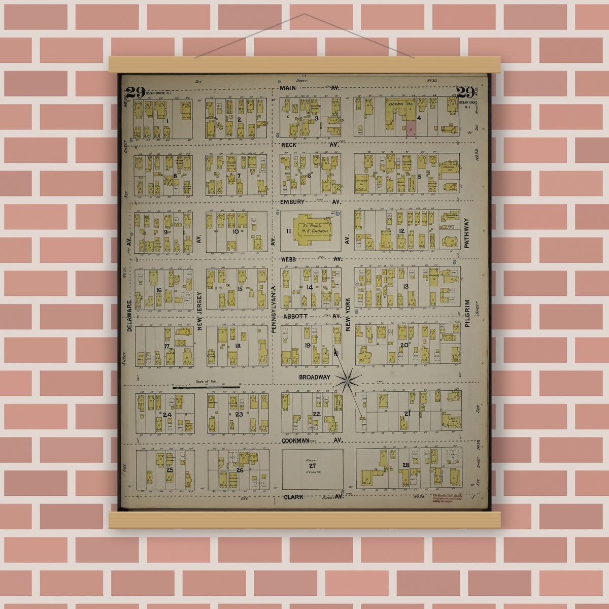 Old map wall art mockup — magnetic wood frame on brick wall — Sanborn Fire Insurance Map from New Jersey Coast, New Jersey Coast, New Jersey (1890), Sheet #0029