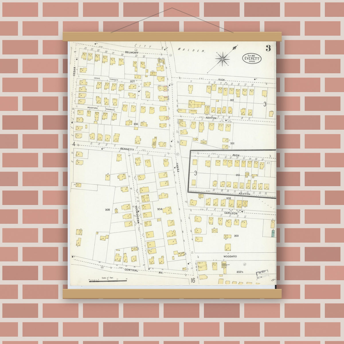 Old map wall art mockup — magnetic wood frame on brick wall — Sanborn Fire Insurance Map from Everett, Middlesex County, Massachusetts (1903), Sheet #0003