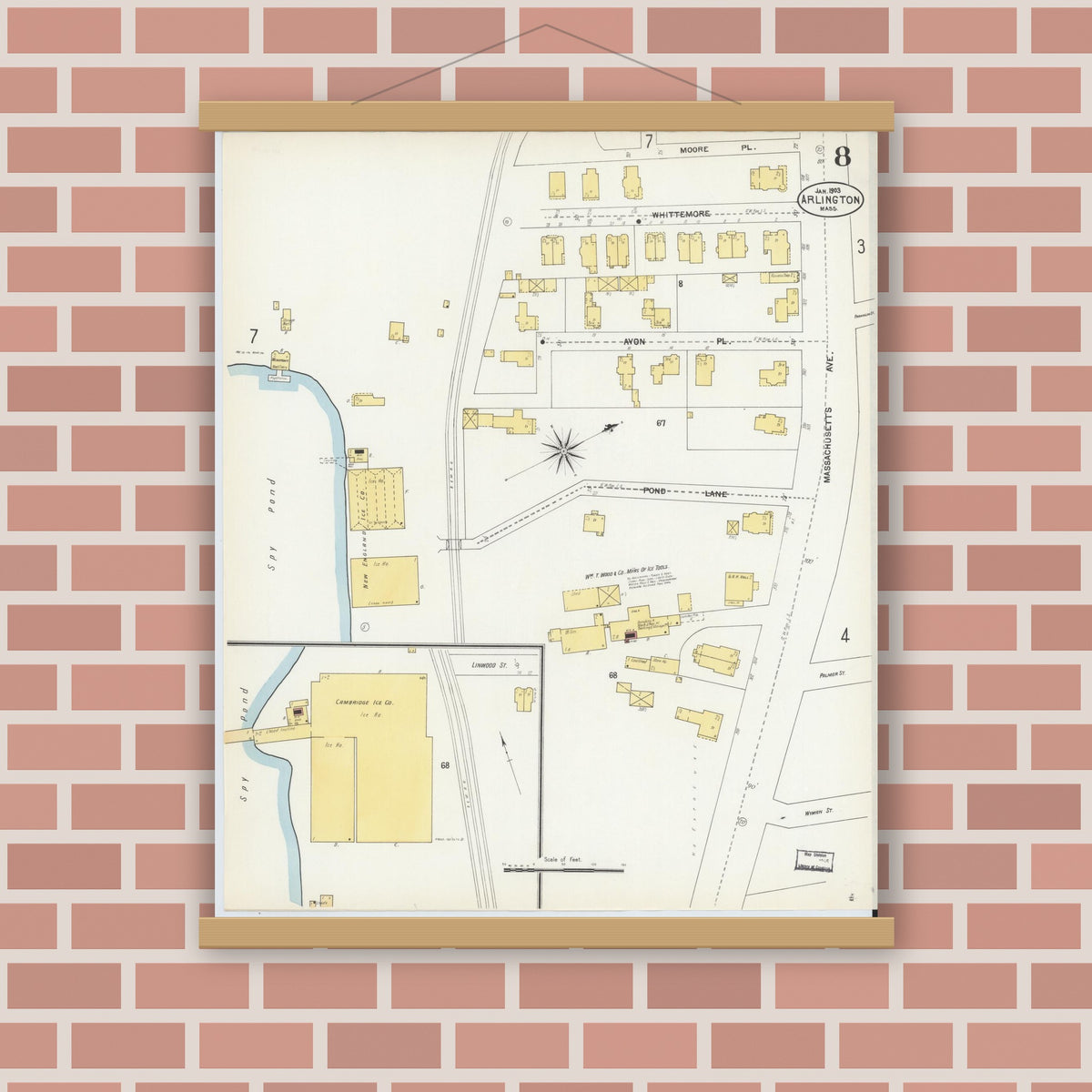 Old map wall art mockup — magnetic wood frame on brick wall — Sanborn Fire Insurance Map from Arlington, Middlesex County, Massachusetts (1903), Sheet #0008