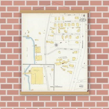 Old map wall art mockup — magnetic wood frame on brick wall — Sanborn Fire Insurance Map from Arlington, Middlesex County, Massachusetts (1903), Sheet #0008