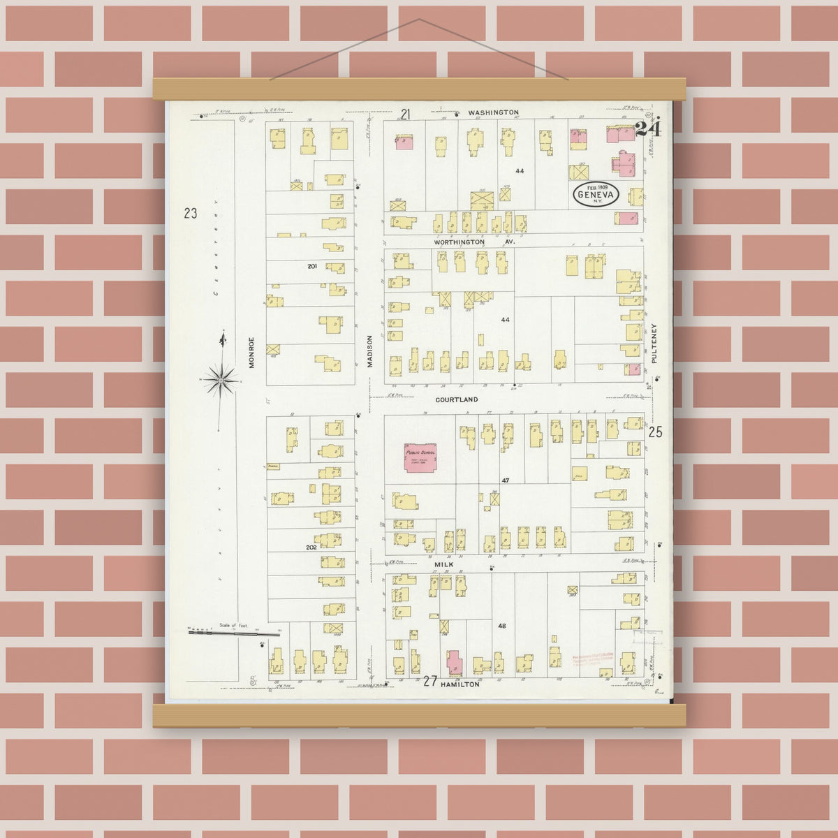 Old map wall art mockup — magnetic wood frame on brick wall — Sanborn Fire Insurance Map from Geneva, Ontario County, New York (1909), Sheet #0024